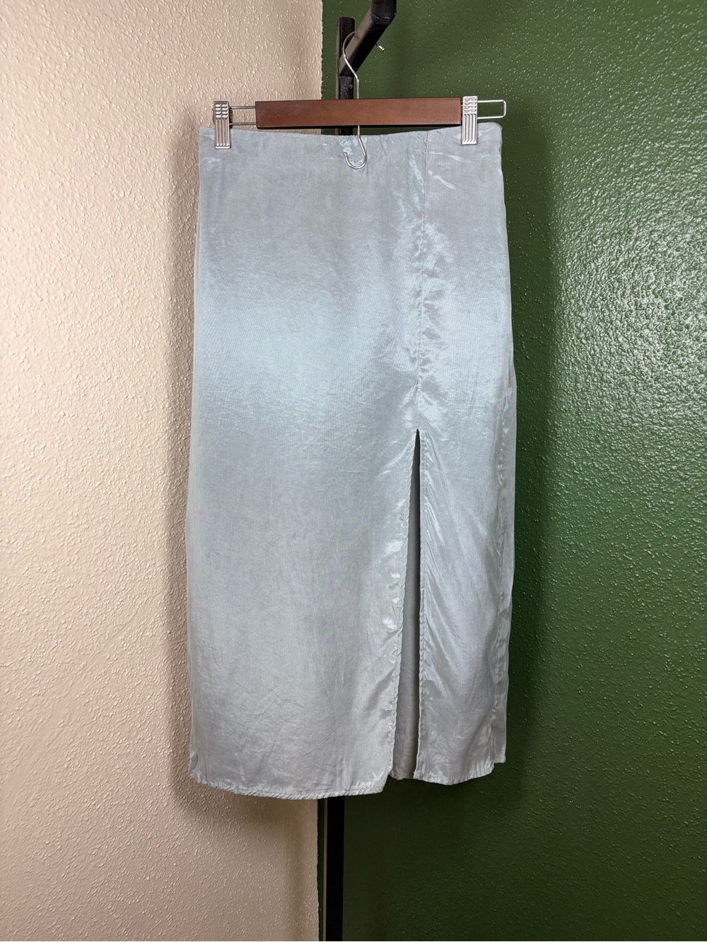 Satin Midi Skirt with Front Slit - Light Blue
